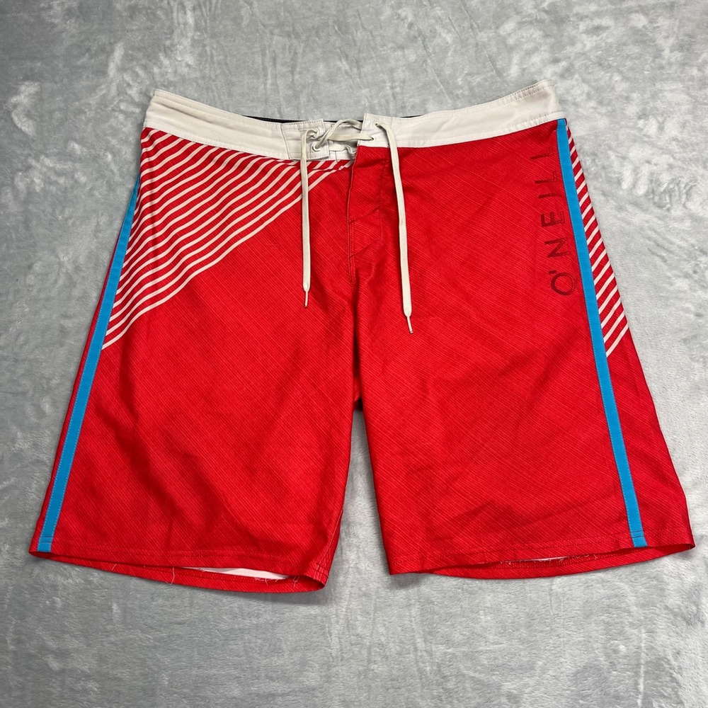 ONeill Board Shorts Mens Size 38 Red Striped‎ Graphic Lace Up Surf Swim Trunks